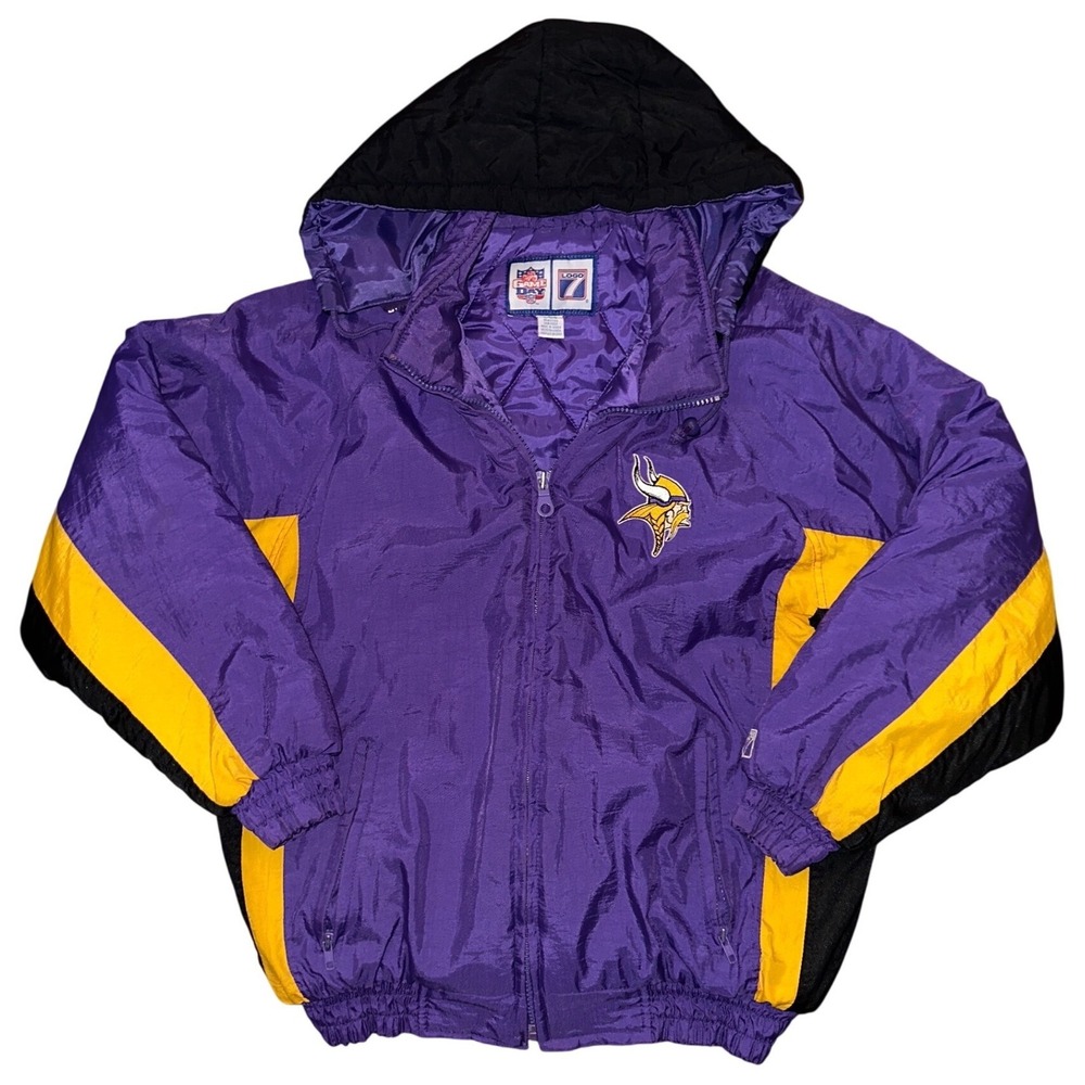 Vintage Minnesota Vikings Logo 7 Puffer Jacket Purple Yellow Mens Large NFL 90s